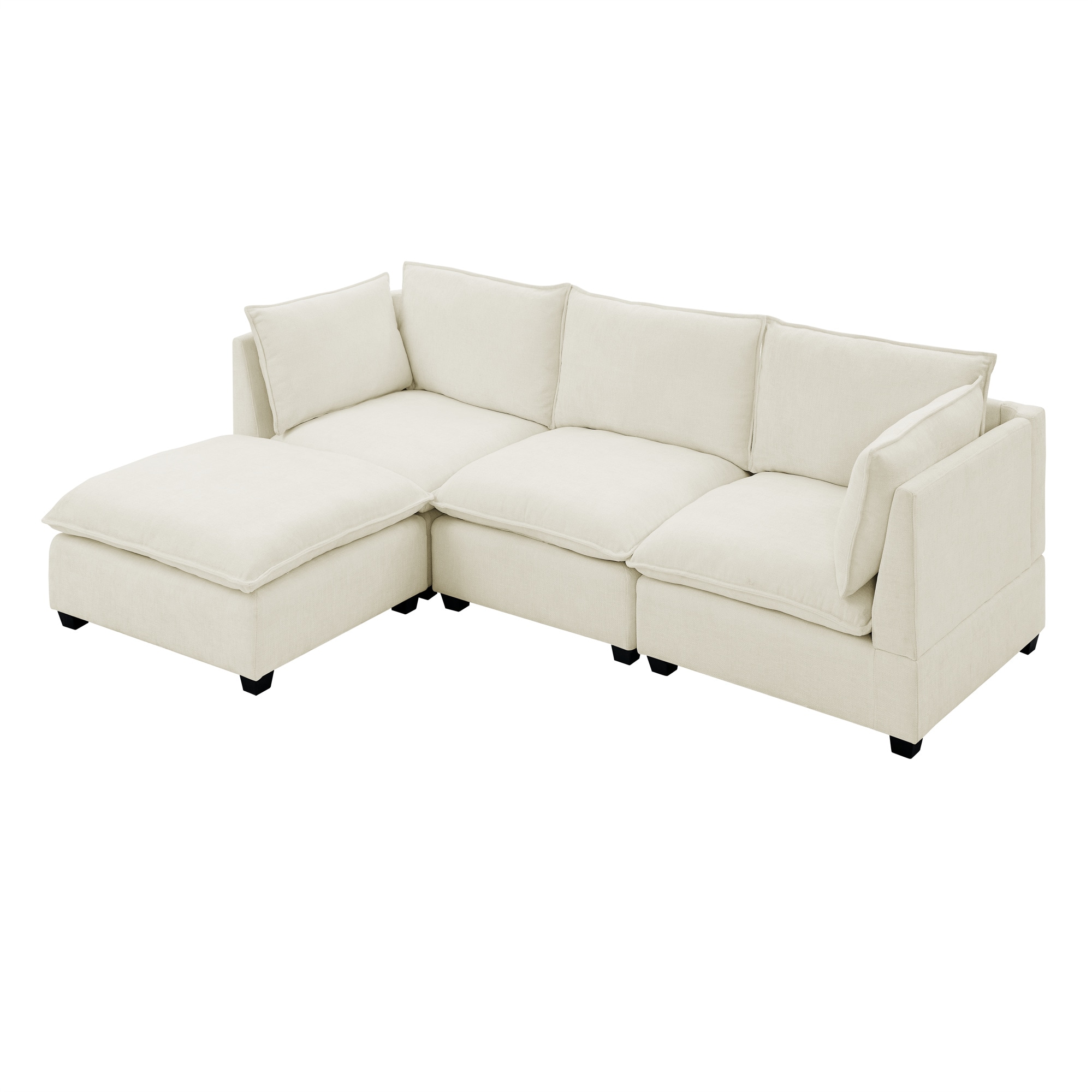 Convertible Sectional Sofa Couch with Ottoman, Cloud Couch 3 Seat L Shaped Sofa with Padded Armrests, Cloud Sofa for Living Room, Apartment and Office, Beige(Beige White) 